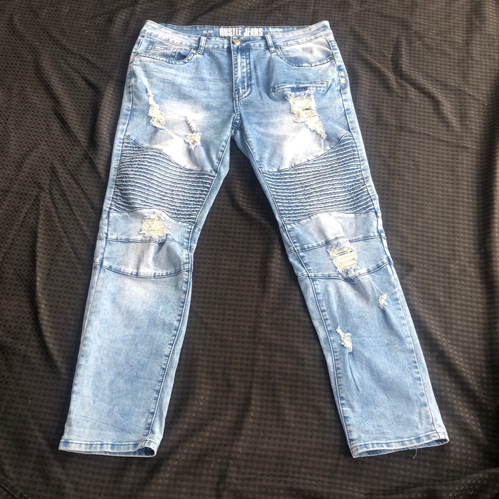 Hustle Jeans Men's Light Blue, Acid Wash , Distressed, JDenim Jeans.